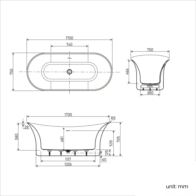 Trafalgar Silver Effect 1700mm Freestanding Roll Top Slipper Bath