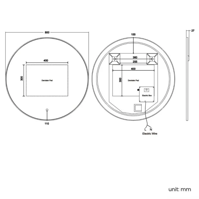 Mollie Black Framed Round Backlit llluminated LED Mirror 800mm