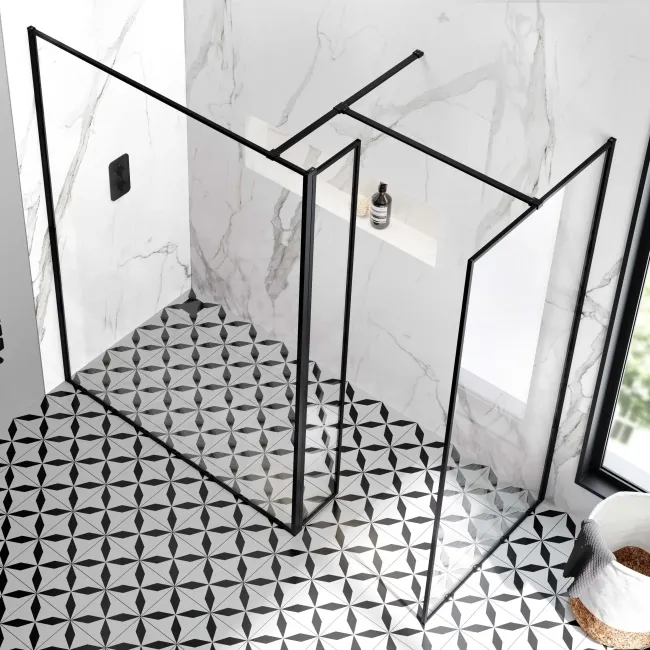 Munich Matt Black Framed 8mm Walk In Shower Enclosure 1400mm & 900mm Glass with Pivotal Return Panel