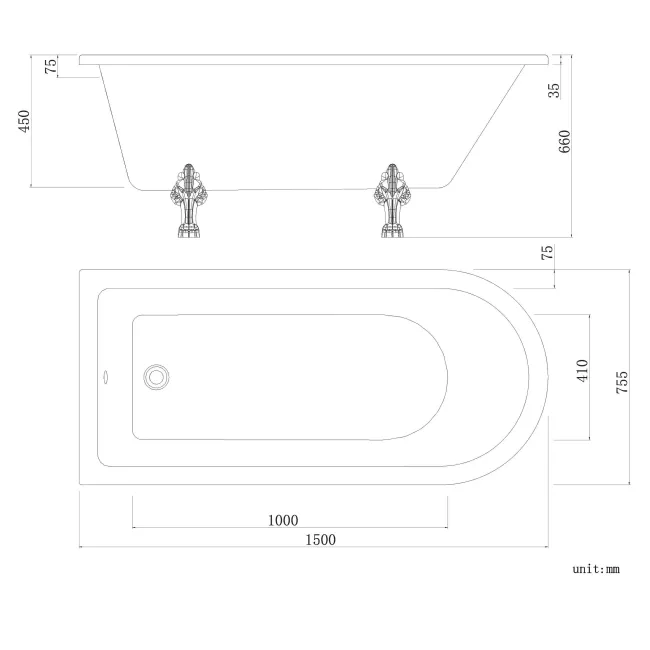 Abingdon 1500 Roll Top Shower Bath - White Claw Feet & 6mm Easy Clean Matt Black Framed Screen