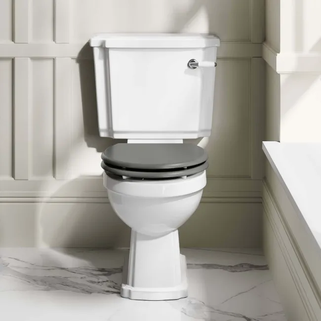 Hudson Traditional Toilet With Graphite Grey Seat & Pedestal Basin Set - Double Tap Hole