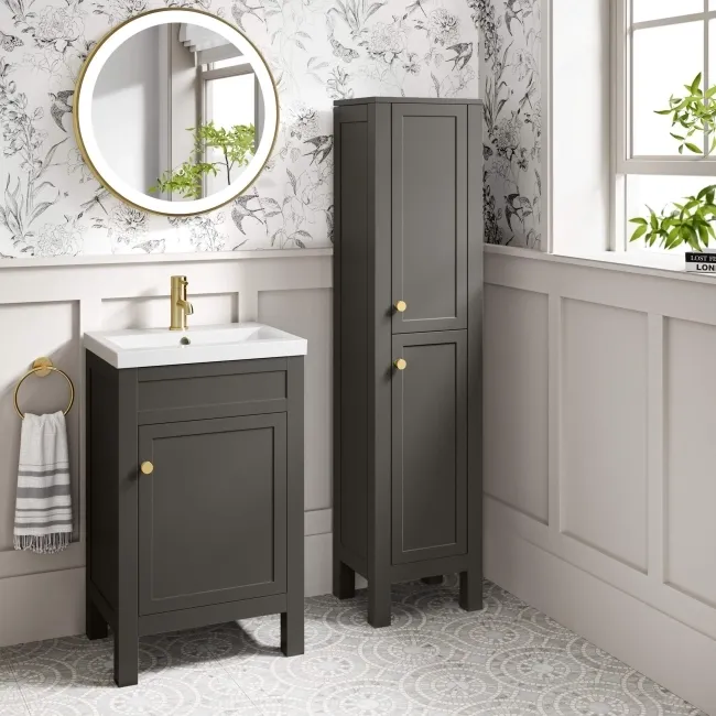 Bermuda Graphite Grey Floor Standing Tall Cabinet 1500x350mm - Brushed Brass Accents