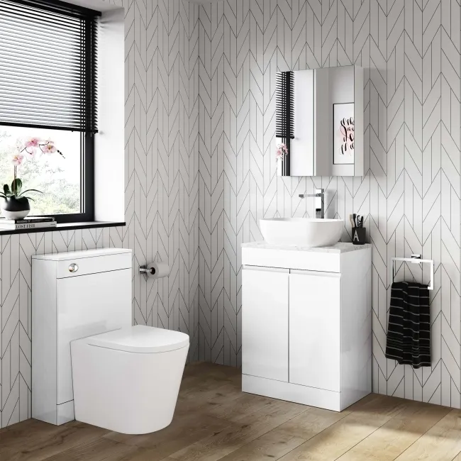 Trent Gloss White Vanity with Marble Top & Curved Counter Top Basin 600mm