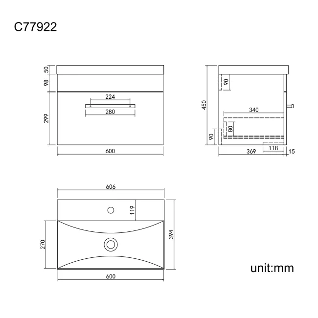 Avon Stone Grey Wall Hung Basin Drawer Vanity 600mm - Black Accents