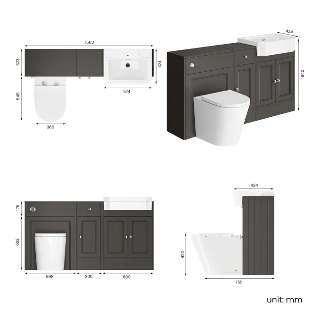 Monaco Graphite Grey Combination Vanity Traditional Basin and Boston Toilet 1500mm