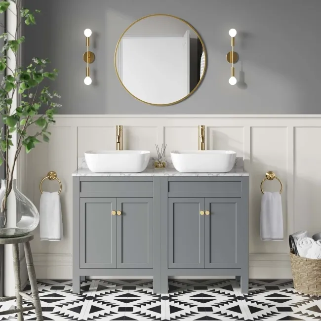 Bermuda Dove Grey Vanity with Marble Top & Curved Counter Top Basin 1200mm - Brushed Brass Accents