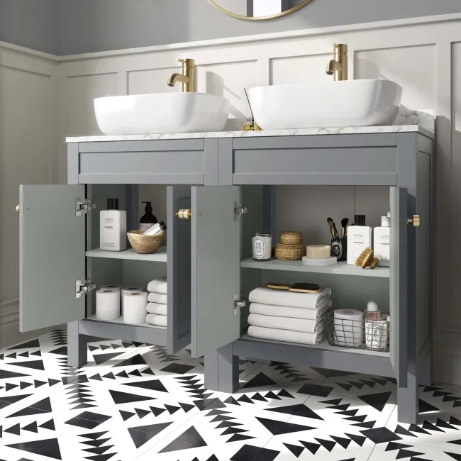 Bermuda Dove Grey Vanity with Marble Top & Curved Counter Top Basin 1200mm - Brushed Brass Accents