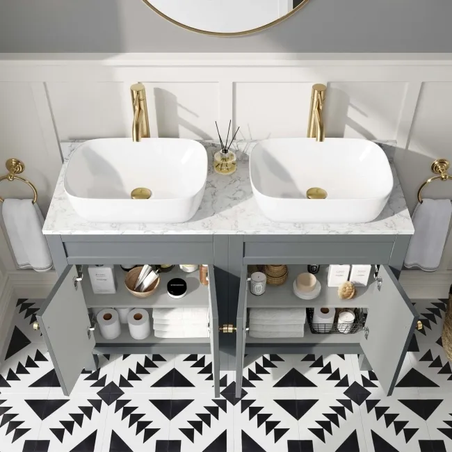 Bermuda Dove Grey Vanity with Marble Top & Curved Counter Top Basin 1200mm - Brushed Brass Accents