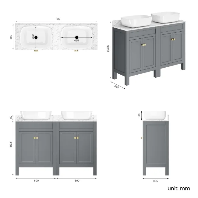 Bermuda Dove Grey Vanity with Marble Top & Curved Counter Top Basin 1200mm - Brushed Brass Accents