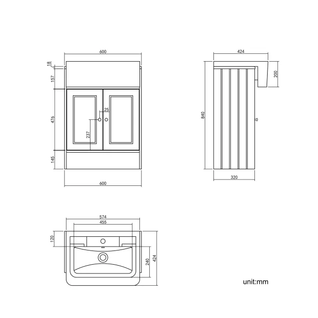 Monaco Dove Grey Traditional Basin Vanity 600mm - Brushed Brass Accents