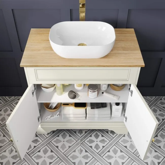 Lucia Chalk White Vanity with Oak Effect Top & Curved Counter Top Basin 840mm - Brushed Brass Accents