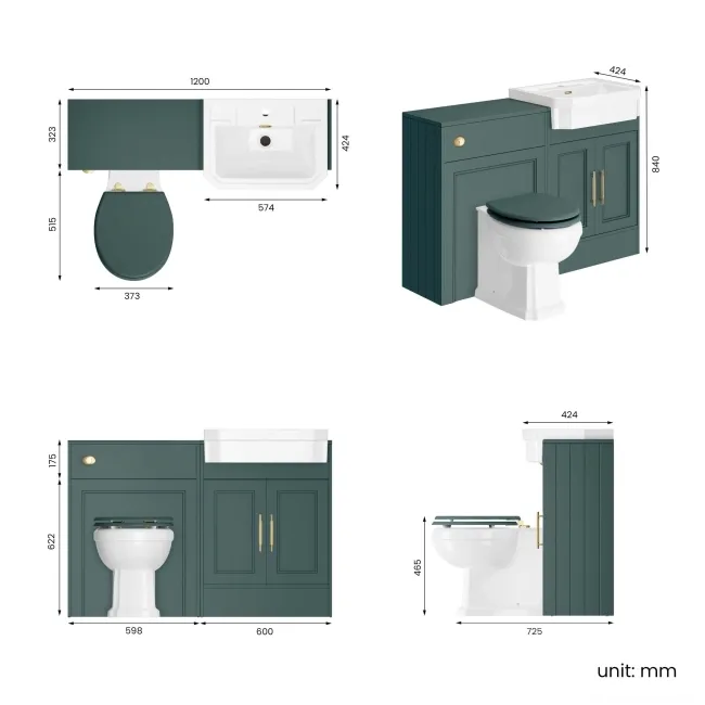 Monaco Midnight Green Combination Vanity Traditional Basin and Hudson Toilet with Wooden Seat 1200mm - Brass Knurled Handles