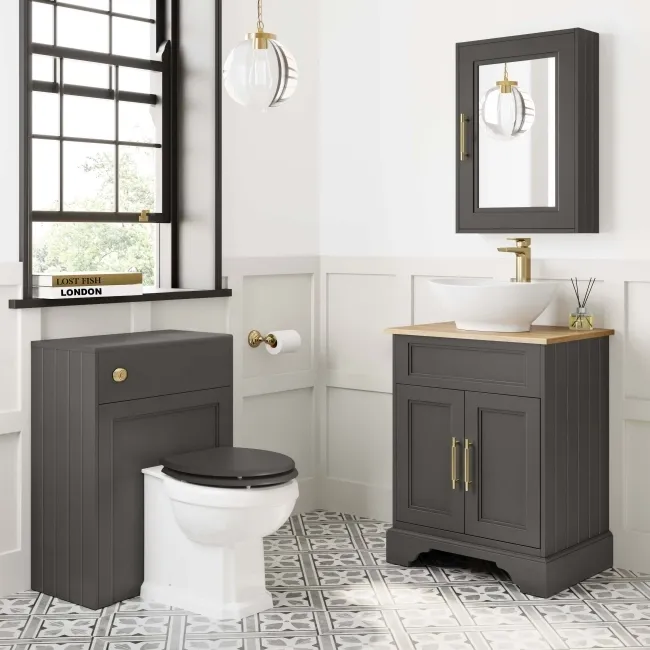 Lucia Graphite Grey Vanity with Oak Effect Top & Oval Counter Top Basin 640mm - Brass Knurled Handles