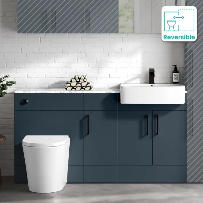 Harper Navy Blue Combination Vanity Basin with Marble Top & Boston Toilet 1500mm - Black Accents