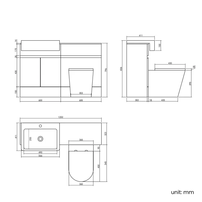 Foster Tungsten Grey Combination Vanity Basin with Marble Top & Boston Toilet 1200mm