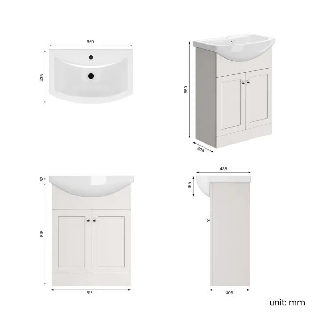 Capri Cotton White Vanity with Semi Recessed Basin 650mm - Chrome Handles