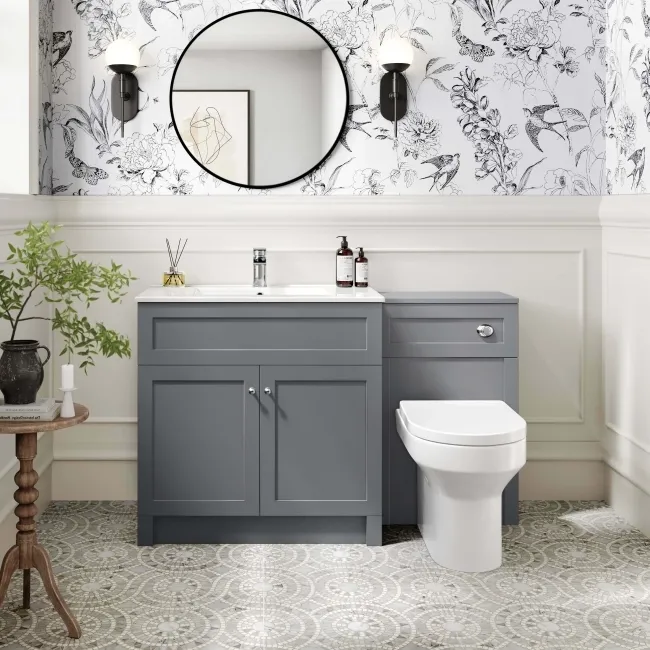 Milos Fog Grey Combination Vanity Basin and Denver Toilet 1300mm - Chrome Handles