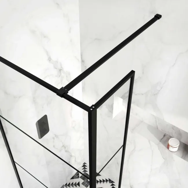 Munich Matt Black Grid 8mm Wet Room Shower Glass 900mm & 250mm Return Panel