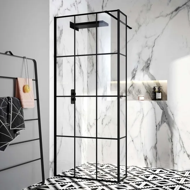 Munich Matt Black Grid 8mm Wet Room Shower Glass 900mm & 250mm Return Panel