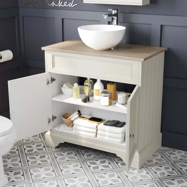 Lucia Chalk White Vanity With Oak Top & Round Counter Top Basin 840mm