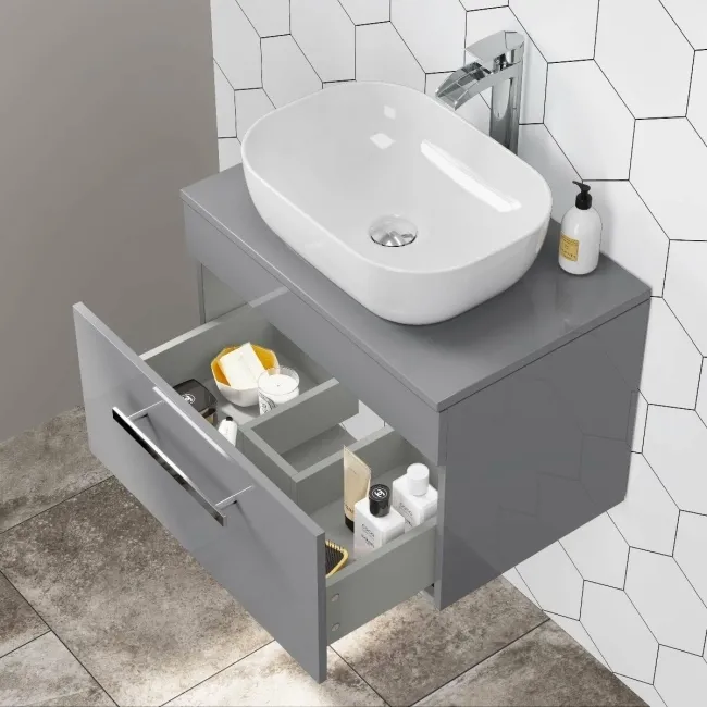Avon Stone Grey Wall Hung Drawer Vanity with Curved Counter Top Basin 600mm
