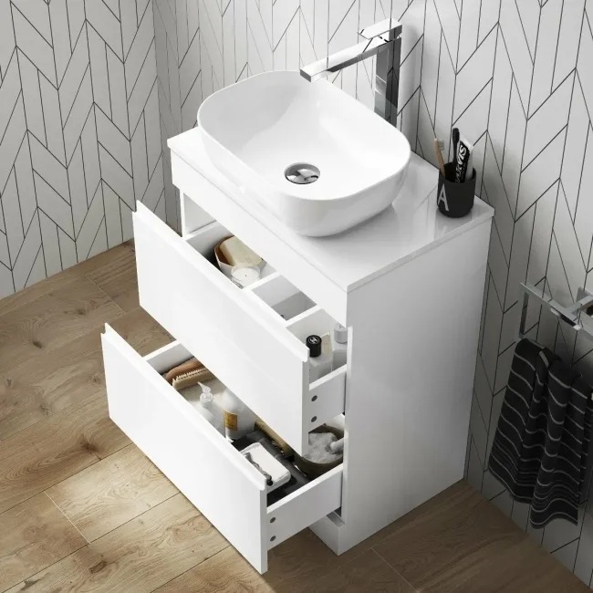 Trent Gloss White Vanity Drawer with Curved Counter Top Basin 600mm