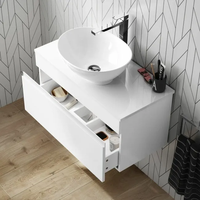 Trent Gloss White Wall Hung Drawer Vanity with Oval Counter Top Basin 800mm