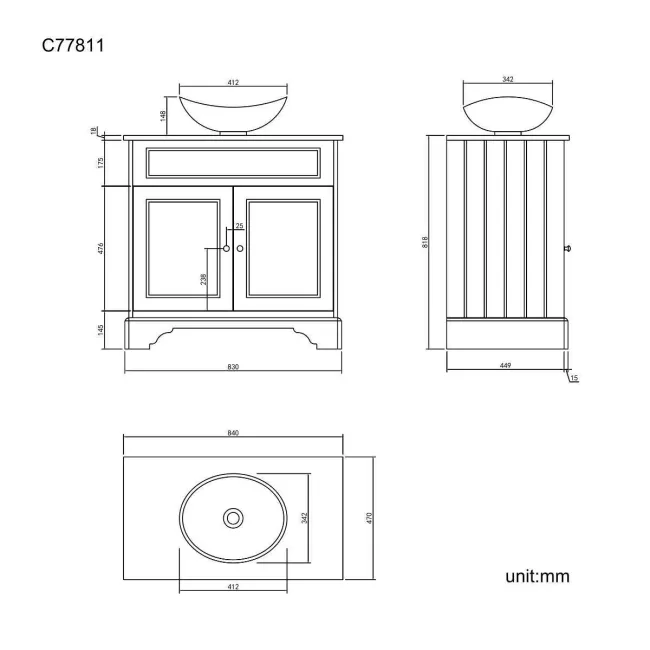 Lucia Inky Blue Vanity with Oak Effect Top & Oval Counter Top Basin 840mm