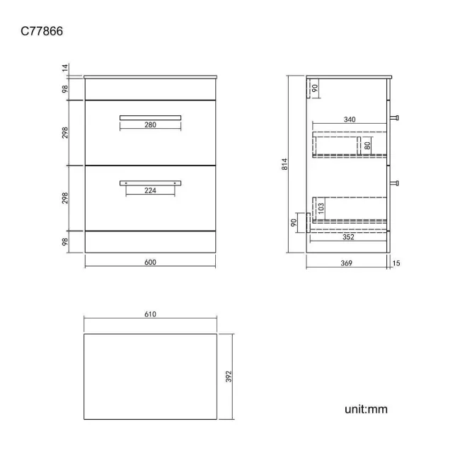 Avon Gloss White Counter Top Vanity Drawer with Marble Top 600mm - Black Accents