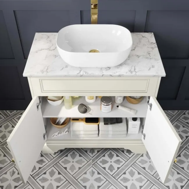 Lucia Chalk White Vanity with Marble Top & Curved Counter Top Basin 840mm - Brushed Brass Accents