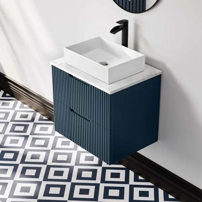Crete Fluted Navy Blue Wall Hung Drawer Vanity with Marble Top & Cody Basin 600mm