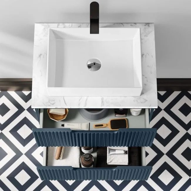 Crete Fluted Navy Blue Wall Hung Drawer Vanity with Marble Top & Cody Basin 600mm