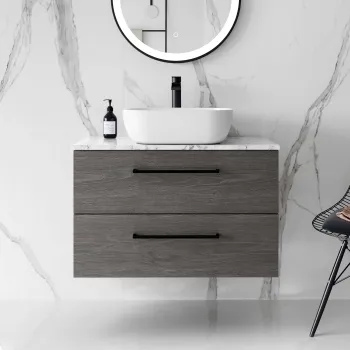Elba Charcoal Elm Wall Hung Drawer Vanity with Marble Top & Curved Counter Top Basin 800mm - Black Accents