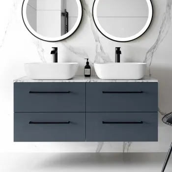 Elba Inky Blue Double Wall Hung Drawer Vanity with Marble Top & Curved Basin 1200mm - Black Accents