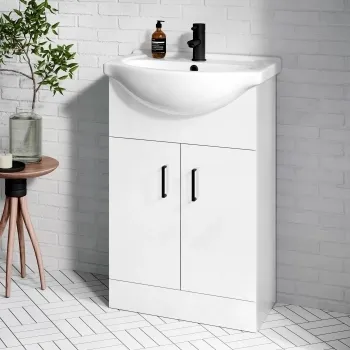 Quartz Gloss White Vanity with Semi Recessed Basin 550mm - Black Accents