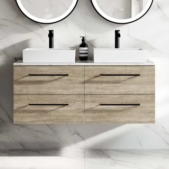 Elba Dawn Oak Double Wall Hung Drawer Vanity with Marble Top & Cody Basin 1200mm - Black Accents