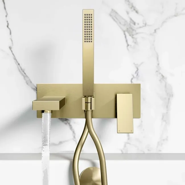 Tamar Brushed Brass Wall Mounted Bath Mixer Tap & Handheld Shower