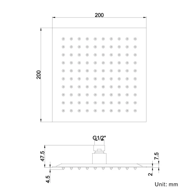 200mm Chrome Square Stainless Steel Slim Shower Head