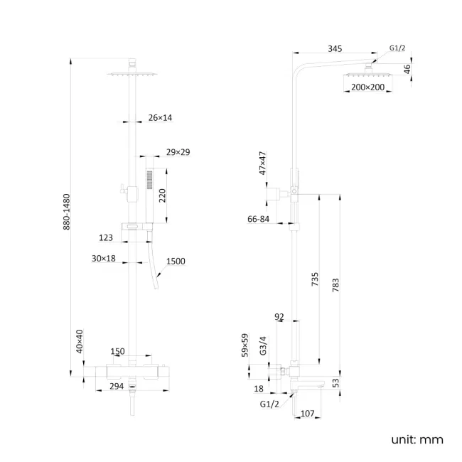 Skye Square Matt Black Thermostatic Bath Filler Shower Set