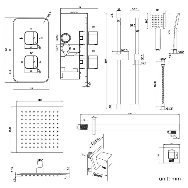 Galway Premium Chrome Square Thermostatic Shower Set - 200mm Head & Slider Hand Shower