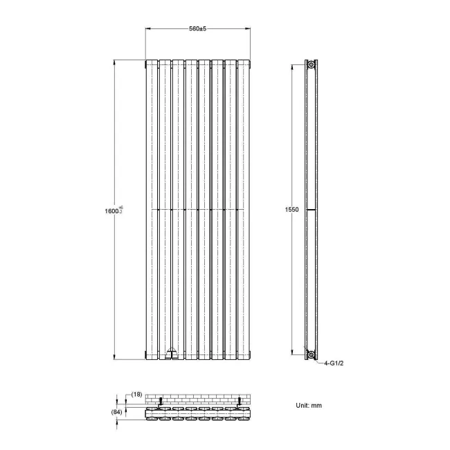 Faro Anthracite Double Flat Panel Vertical Radiator 1600x560mm
