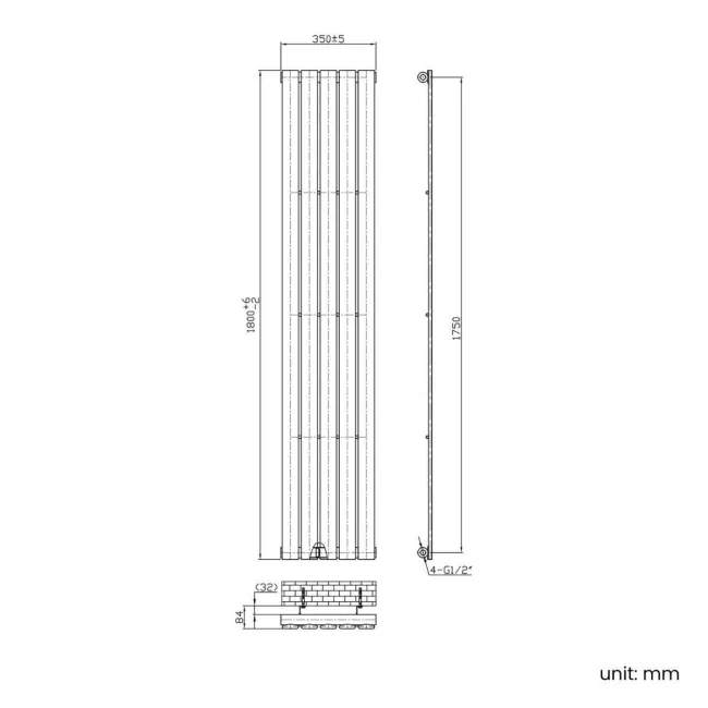 Faro Chrome Single Flat Panel Vertical Radiator 1800x350mm