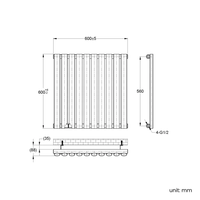 Marbella Anthracite Single Oval Panel Radiator 600x600mm