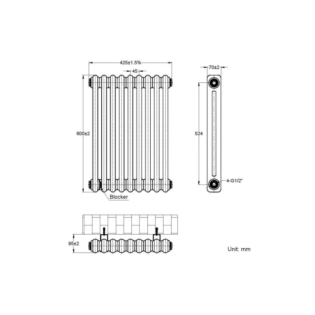 Athens Anthracite Double Column Horizontal Traditional Radiator 600x425mm