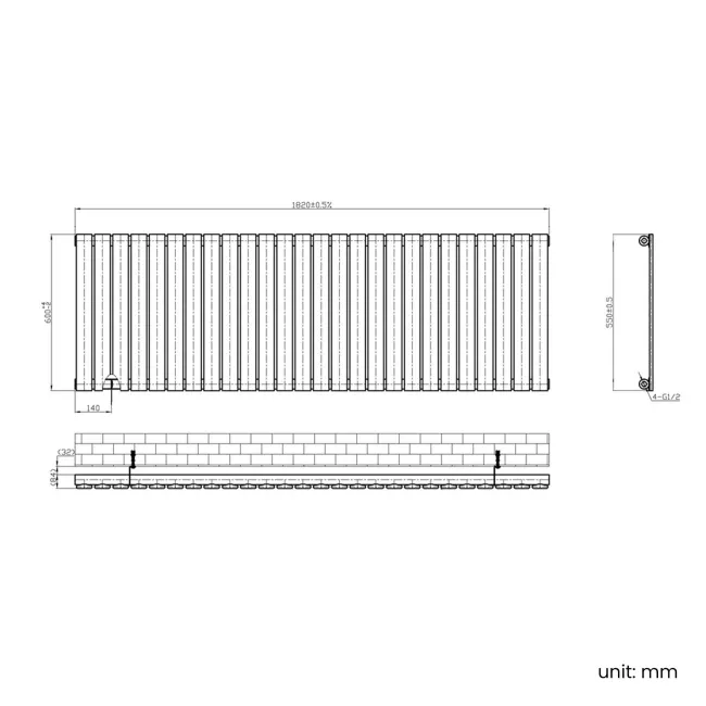 Faro Matt Black Single Flat Panel Horizontal Radiator 600x1820mm