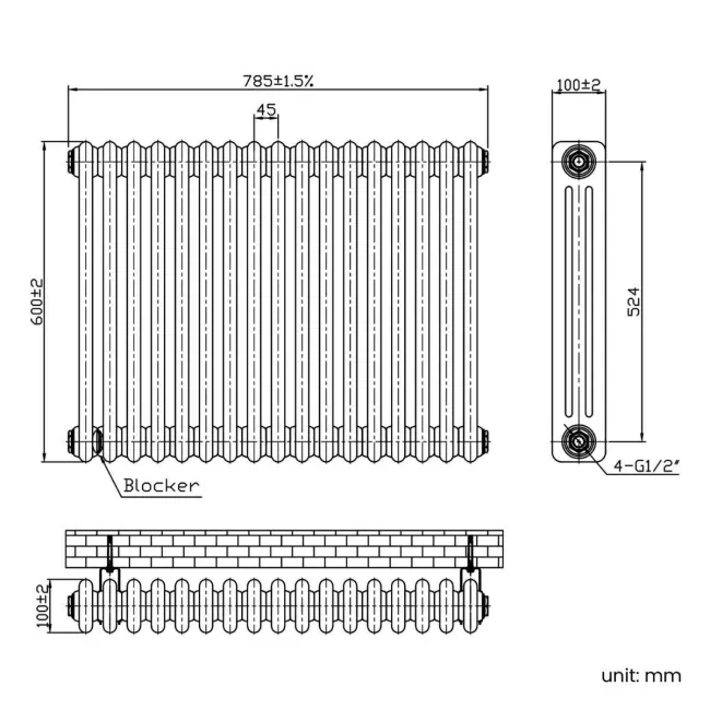 Athens Antique Gold Triple Column Horizontal Traditional Radiator 600x785mm