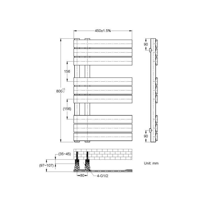 Seville Matt Black Designer Flat Panel Heated Towel Rail 800x450mm