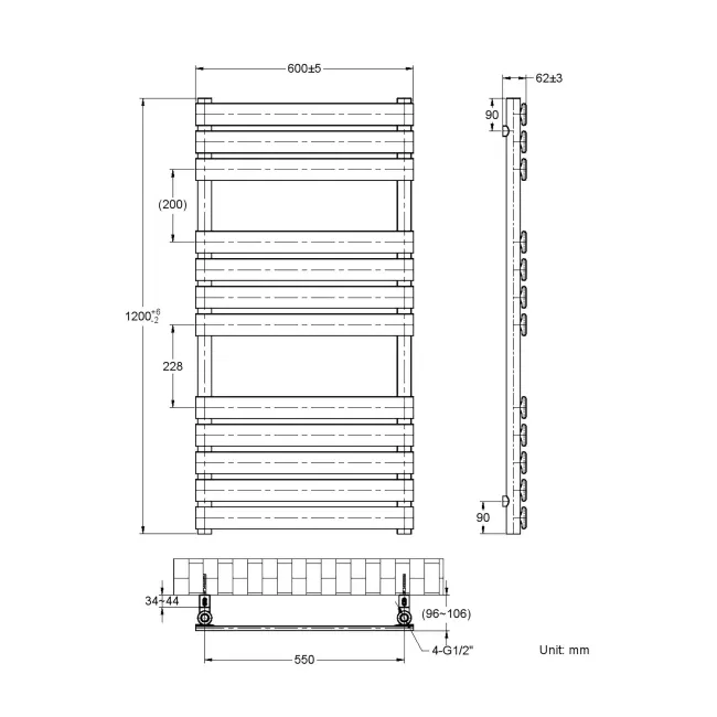 Santorini Brushed Brass Flat Panel Heated Towel Rail 1200x600mm