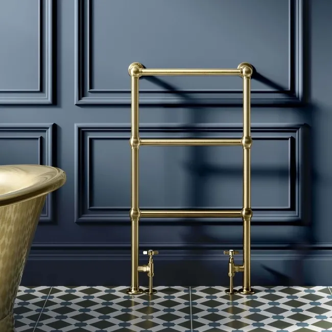 Gibraltar Floor Standing Traditional Brushed Brass Heated Towel Rail 915x535mm