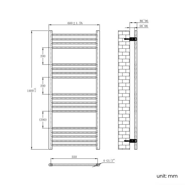 Barcelona Matt Black Straight Heated Towel Rail 1400x600mm
